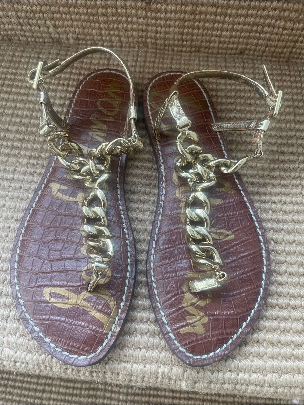 Sam Edelman Brown Croc-Embossed Sandals with Gold Chain T-Strap